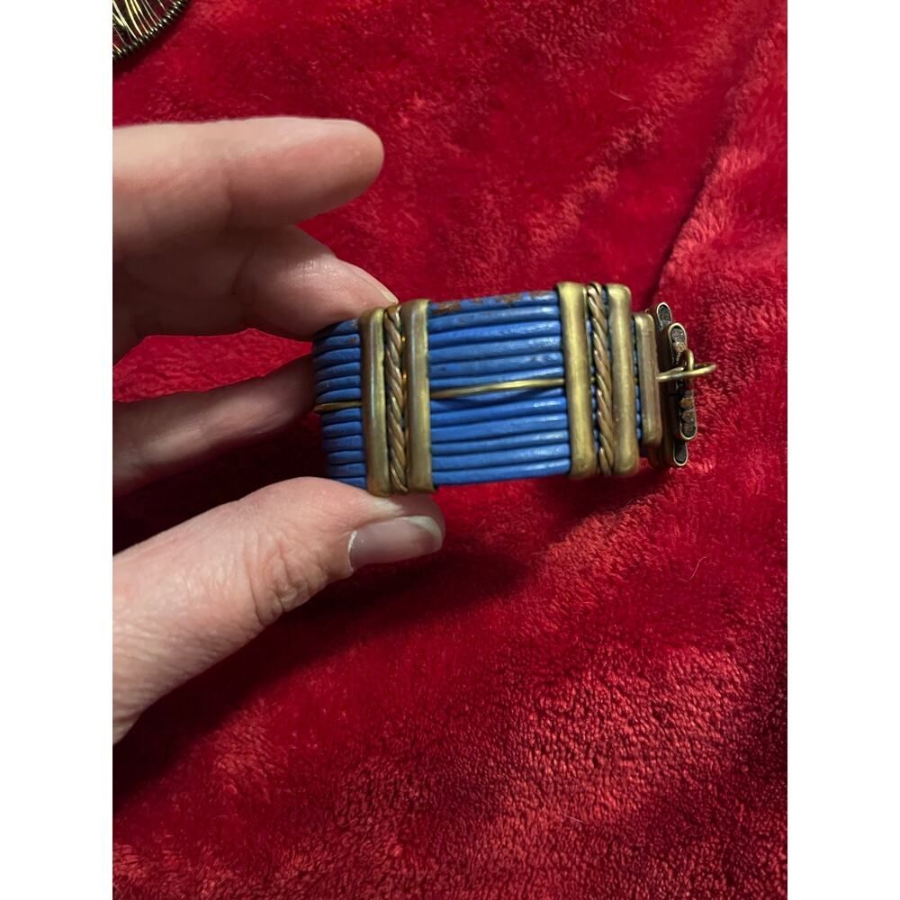 Vintage Alexis Kirk, blue, leather, and brass cuff bracelet - Picture 4 of 5